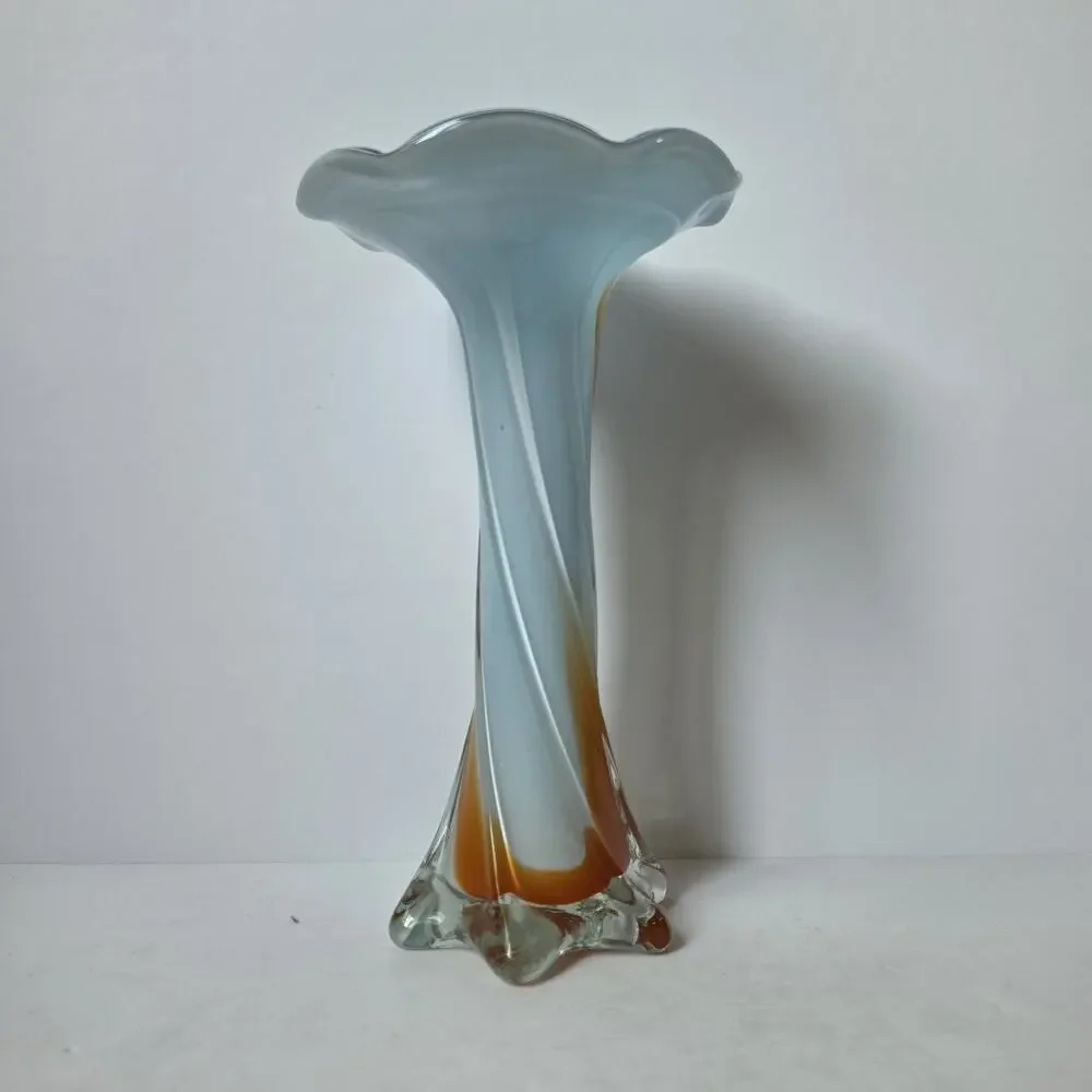 Vtg Murano Style Jack in the Pulpit Orange Blue White Ribbed Art Glass Vase 9”